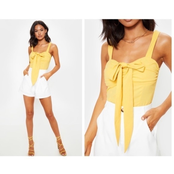 NWT PrettyLittleThing Lemon Woven Pleat Bodysuit - Picture 8 of 8